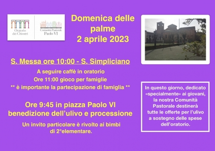 DOMENICA DELLE PALME 2 Aprile 2023 - Oratorio dei Chiostri